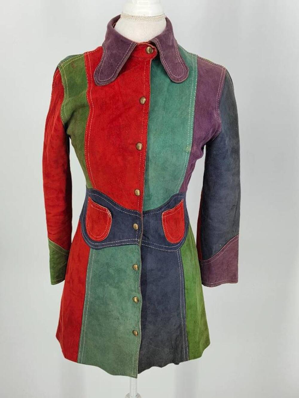 Vintage 70s Patchwork Suede Leather Trench Coat Colorblock Boho Jacket Small